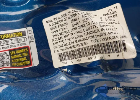 2013 Honda Civic Ex z USA, uszkodzony, nr VIN 2HGFG3B86DH500905